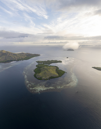Aerial view of Komodo Island surrounded by turquoise waters coral reefs and lush green hills under a soft cloudy sky Komodo East Nusa Tenggara Indonesia.