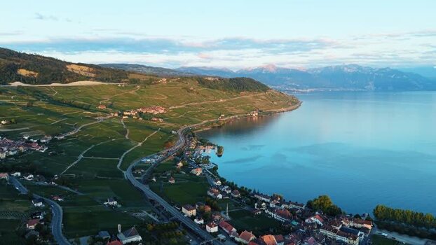 Aerial view of Cully vineyards and Lake Geneva Switzerland.