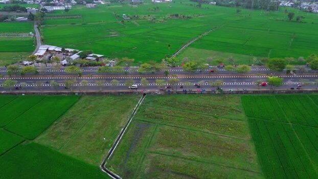 Aerial view of rice fields and road in Mataram Indonesia.