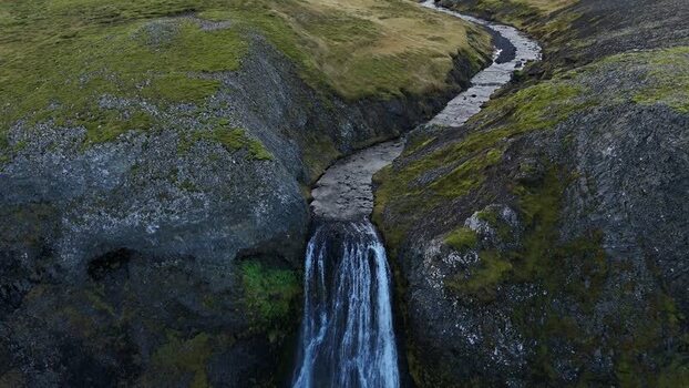 Aerial view of Bugsfoss waterfall in Olafsvik Iceland.