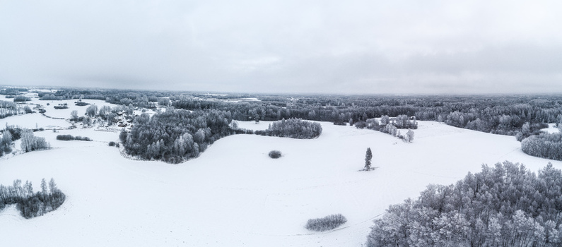 Aerial view of a snow covered landscape with frozen fields and frost dusted forests under a cloudy winter sky in Latvia. Aerial view of a snow covered landscape with frozen fields and frost dusted forests under a cloudy winter sky in Latvia.