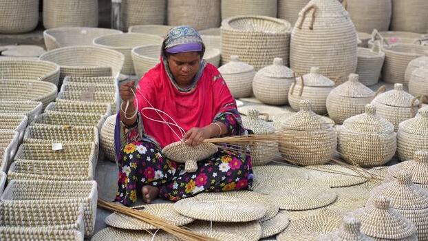 View of a woman weaving traditional baskets Bangladesh. View of a woman weaving traditional baskets Bangladesh.