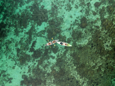 Aerial view of two kayaks with people paddling in the clear turquoise waters of Sugba Lagoon in Del Carmen Caraga Philippines. Aerial view of two kayaks with people paddling in the clear turquoise waters of Sugba Lagoon in Del Carmen Caraga Philippines.