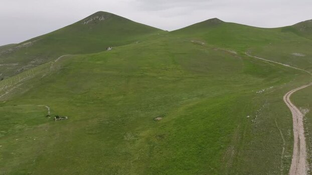 Aerial view of Castelluccio hills in Umbria Italy.