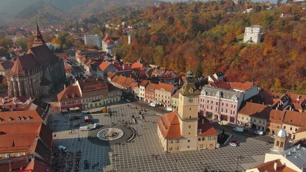 Aerial view of Council Square and Black Church in Brasov Romania. Aerial view of Council Square and Black Church in Brasov Romania.