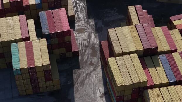 Aerial view of stacked containers at port Portugal.