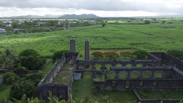 Aerial view of historic stone ruins in Quatre Cocos Mauritius.