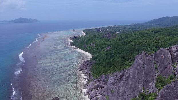 Aerial view of Anse Reunion coastline Seychelles.