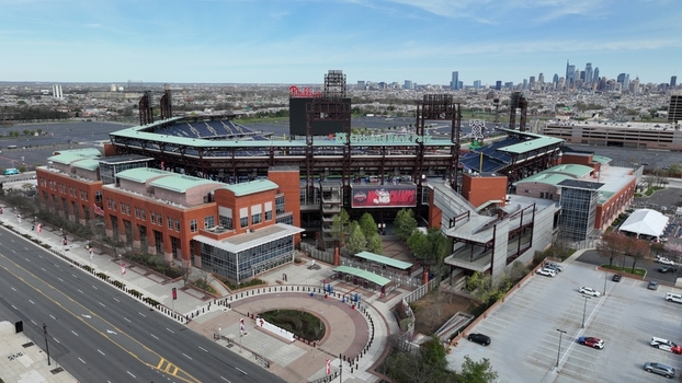 Aerial view of the vibrant Citizens Bank Park stadium stands proudly against the Philadelphia skyline a symphony of brick steel and green Philadelphia Pennsylvania United States.