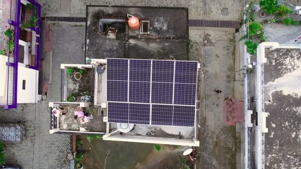 Aerial view of rooftop solar panels in Lucknow India.
