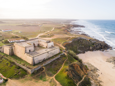 Aerial view of Forte Pessegueiro on the shore of the beach Sines Portugal