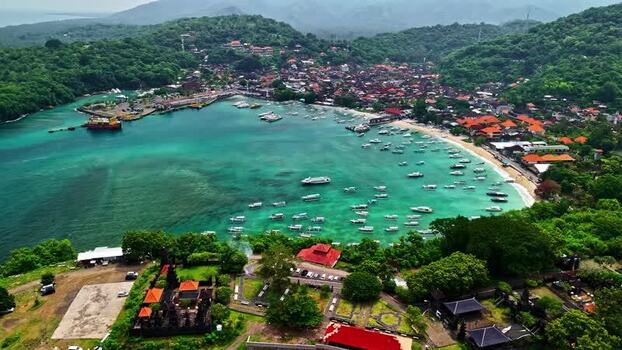 Aerial view of a bay with boats in Bali Indonesia.