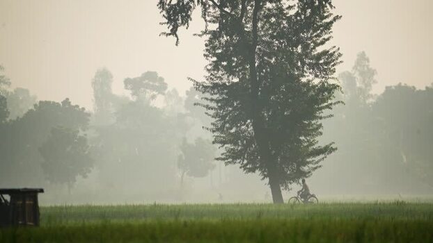 View of a cyclist riding through a misty rural landscape Bangladesh.
