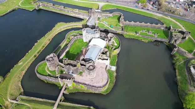 Aerial view of Caerphilly Castle in Wales United Kingdom.