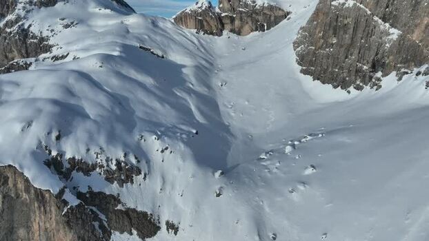 Aerial view of snow covered peaks in Pale di San Martino Italy.