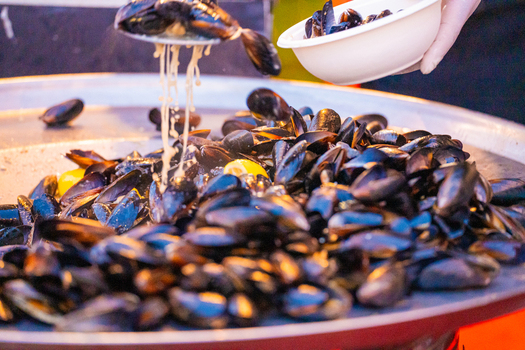 View of glistening mussels cascade from a white bowl their dark shells contrasting with creamy sauce a seafood symphony on a silver platter Pula Istria County Croatia.