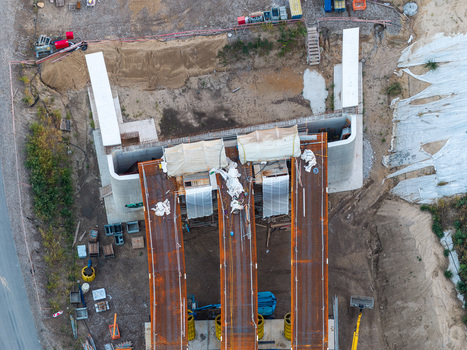 Aerial view of the Ringbahnbrucke bridge construction site at the Funkturm interchange with steel girders and concrete abutments in Berlin Berlin Germany. Aerial view of the Ringbahnbrucke bridge construction site at the Funkturm interchange with steel girders and concrete abutments in Berlin Berlin Germany.