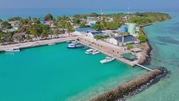 Aerial view of boats at the harbor in Vashafaru Maldives.