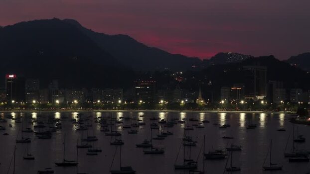 Aerial view of Botafogo Bay at night in Rio de Janeiro Brazil.