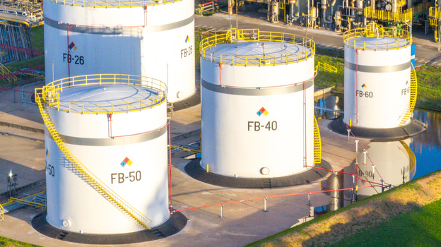 Aerial view of large white industrial storage tanks labeled FB 26 FB 40 FB 50 and FB 60 within a petrochemical complex in Santo Andre State of Sao Paulo Brazil.