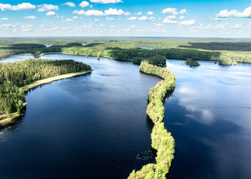 Aerial view of Liesjarvi National Park featuring a narrow forested esker dividing the deep blue lake waters surrounded by dense pine forests Tammela Finland. Aerial view of Liesjarvi National Park featuring a narrow forested esker dividing the deep blue lake waters surrounded by dense pine forests Tammela Finland.