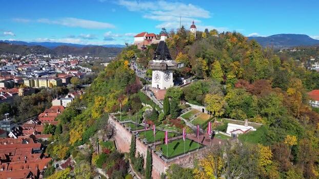 Aerial view of Grazer Uhrturm and Schlossberg Austria. Aerial view of Grazer Uhrturm and Schlossberg Austria.