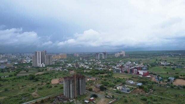 Aerial view of Gurugram cityscape with skyscrapers India.