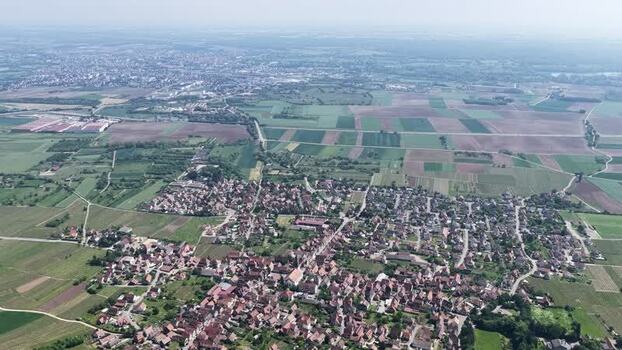 Aerial view of the town of Selestat and surrounding fields France.