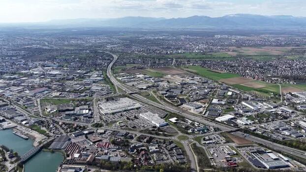 Aerial view of highway and buildings France.