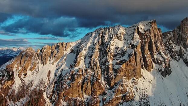 Aerial view of Dolomite Mountains in Canazei Italy.