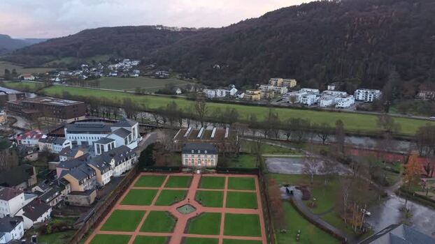 Aerial view of Echternach Abbey gardens in Echternach Luxembourg.