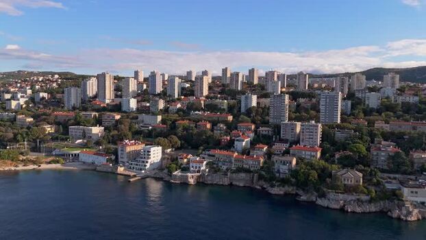 Aerial view of coastal Rijeka with apartment buildings Croatia.