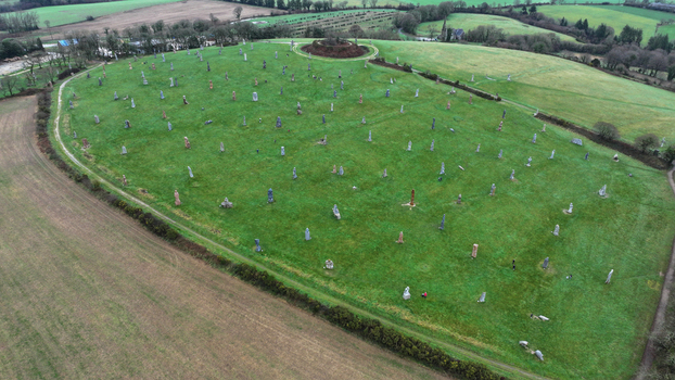 Carnoet France 26 December 2023 Aerial view of the Valley of Saints featuring numerous granite statues scattered across a green hillside under a soft winter light. Carnoet France 26 December 2023 Aerial view of the Valley of Saints featuring numerous granite statues scattered across a green hillside under a soft winter light.