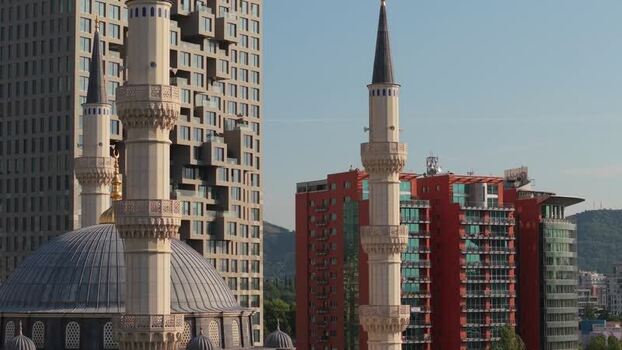 Aerial view of Namazgah Mosque and urban skyline Albania.