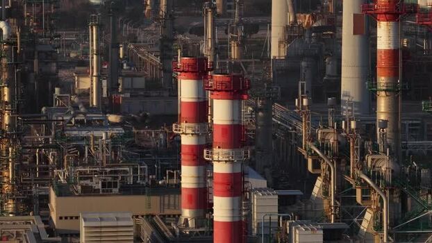 Aerial view of oil refinery industrial complex Portugal.
