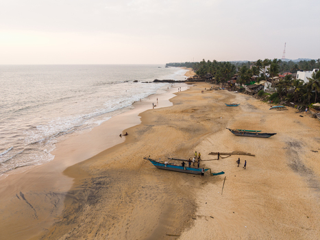 Aerial view of traditional fishing boats on a sandy beach with fishermen and palm trees along the coast in Galle Southern Province Sri Lanka.