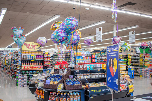Las Vegas United States 02 May 2026 View of the interior of a grocery store with colorful balloons and stocked shelves. Las Vegas United States 02 May 2026 View of the interior of a grocery store with colorful balloons and stocked shelves.