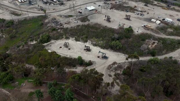 Aerial view of oil pumps in Baldwin Hills United States.