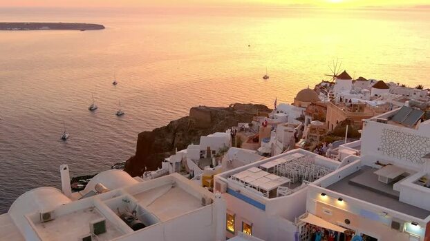 Aerial view of Oia at sunset Greece. Aerial view of Oia at sunset Greece.