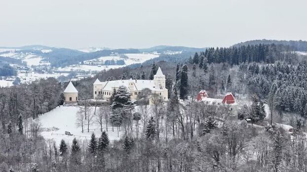 Aerial view of Schloss Kornberg in winter Austria. Aerial view of Schloss Kornberg in winter Austria.