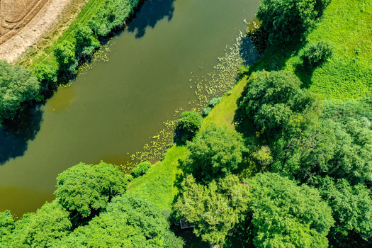 Aerial view of the Regnitzaltwasser river surrounded by lush green trees and vibrant vegetation Forchheim Bayern Germany. Aerial view of the Regnitzaltwasser river surrounded by lush green trees and vibrant vegetation Forchheim Bayern Germany.
