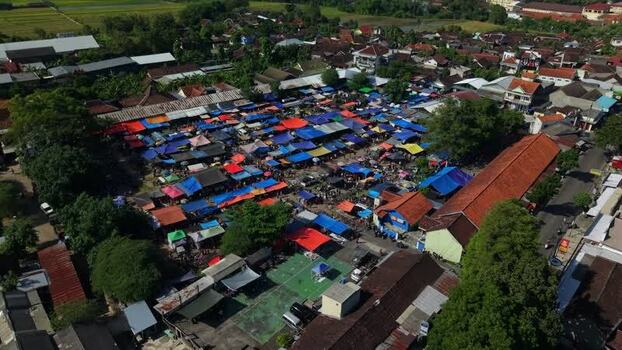 Aerial view of Bonyokan Pasar Legi market stalls in Indonesia.