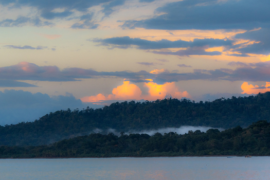 View of a lush tropical forest on a hillside overlooking the water during a vibrant golden hour sunset in Costa Rica.