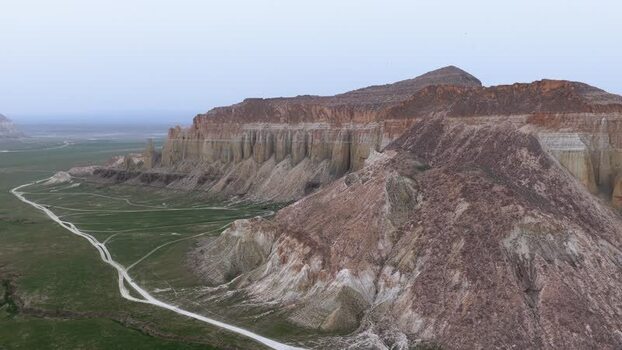Aerial view of Airakty mountains in the desert Kazakhstan.