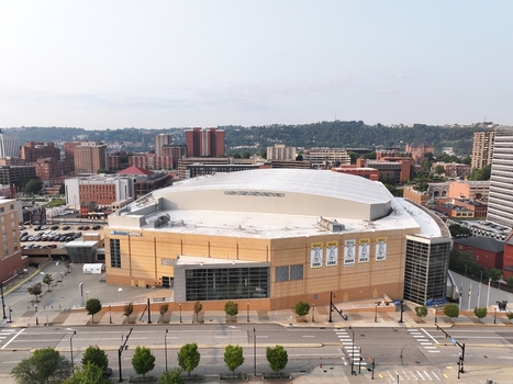 Pittsburgh Pennsylvania United States 26 July 2026 Aerial view of PPG Paints Arena featuring its distinctive roof and surrounding urban landscape in Pittsburgh.