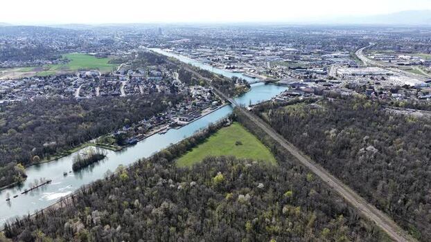 Aerial view of canal and bridges in Sausheim France.