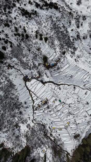 Aerial view of snow covered terraced fields India.