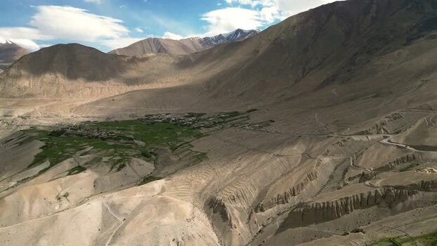 Aerial view of Khardung La pass in the mountains of India.