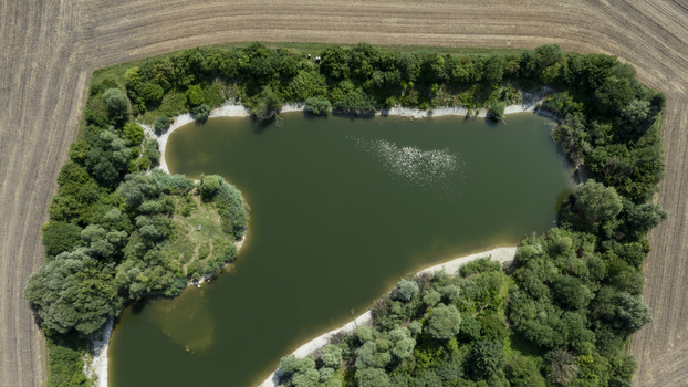 Aerial view of a small lake surrounded by lush green trees and agricultural fields in Aschheim Bavaria Germany.