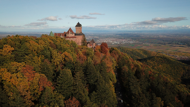 Aerial view of the historic Chateau du Haut Koenigsbourg perched on a forested hill with vibrant autumn foliage overlooking the Alsace plain in Orschwiller Grand Est France.